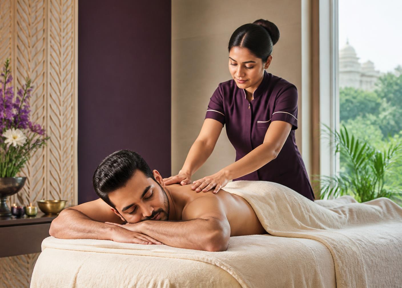 Female therapist providing Swedish massage to a male guest at LUXSA Spa HITEC City