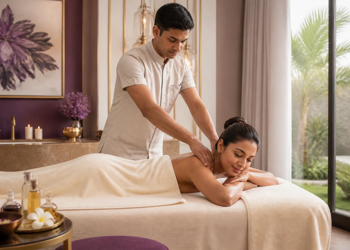 Male therapist providing professional massage therapy to a female guest at LUXSA Spa HITEC City