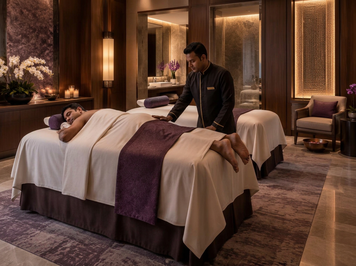Male guest receiving professional deep tissue massage at LUXSA Spa HITEC City